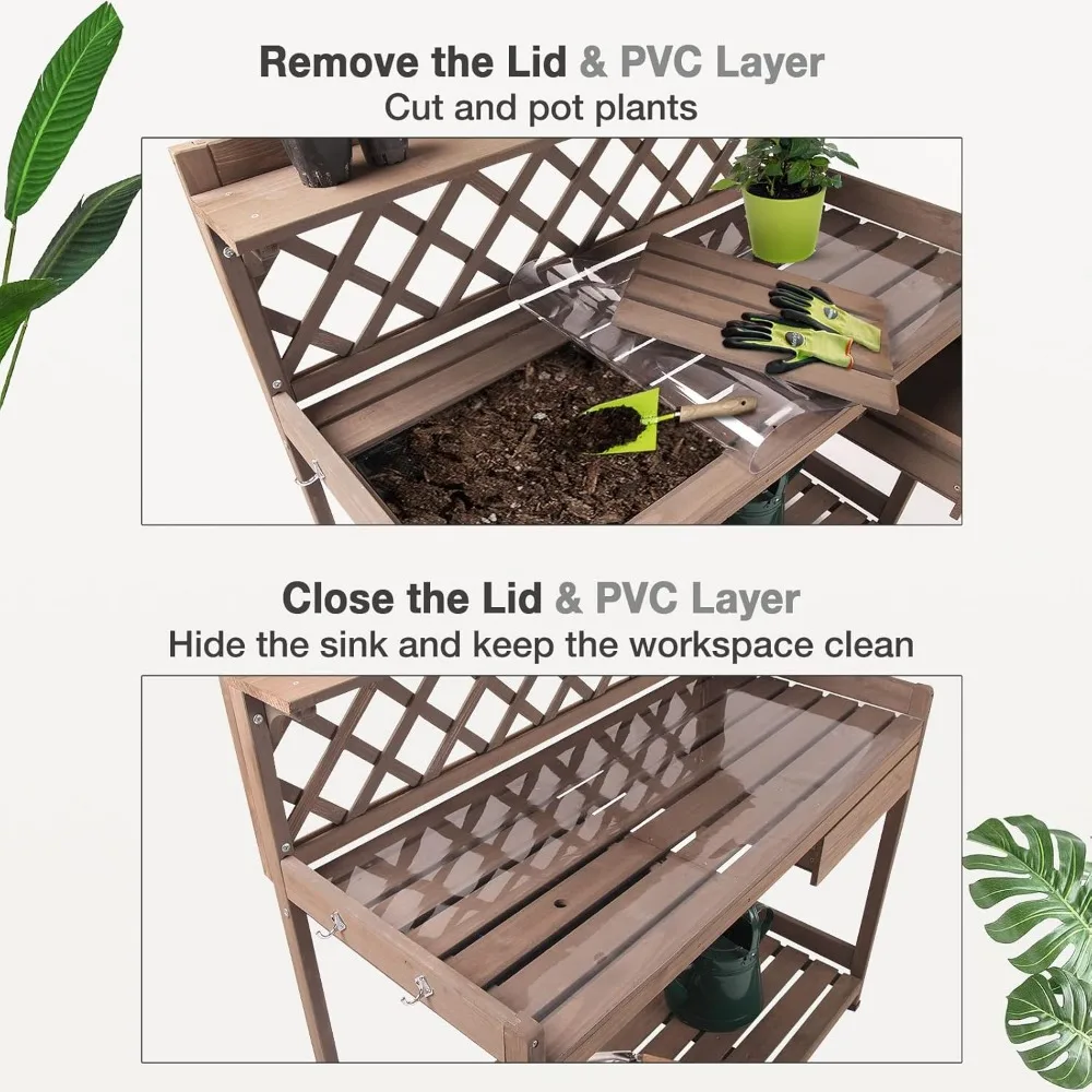 Potting Bench Potting Table Pottings Benches for Outside 44 Inch Fir Wood Garden Pottings Station Garden Table PVC Layer Storage