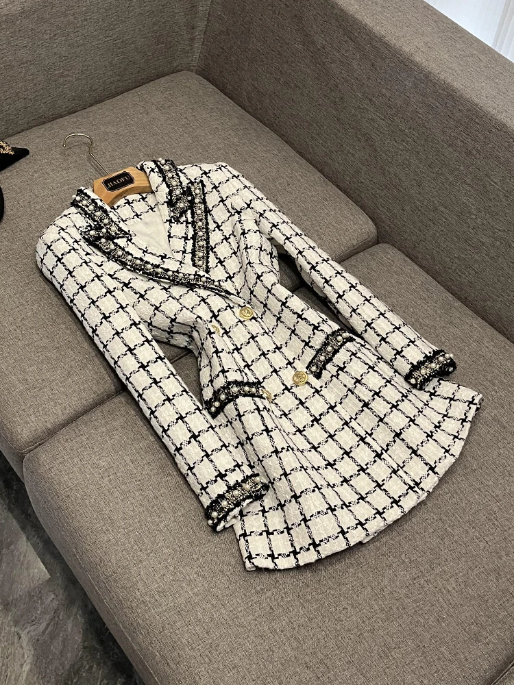 

Women's Winter Plaid Slim Fit Double Breasted Suit Jaet Long Sve Regular Cuff Patterned Outerwear Chinese Sle Windbreaker
