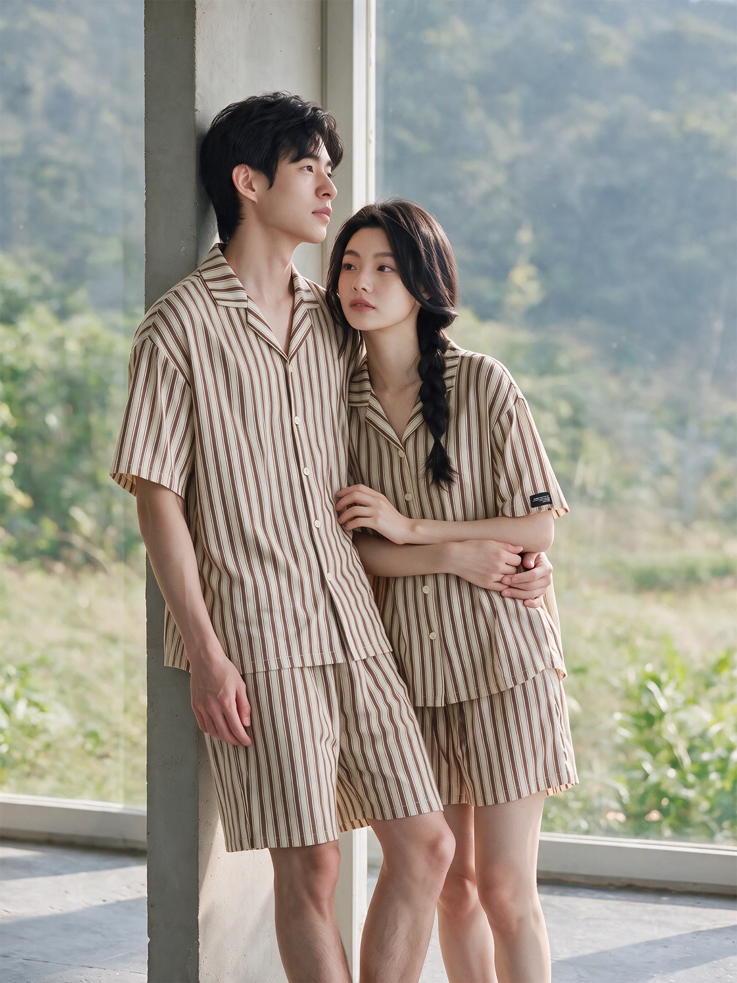 xuan-zhi-ting-couples-summer-sleepwear-modal-cotton-short-sleeve-shorts-stripes-men's-home-clothes-suitable-for-outdoor-wear