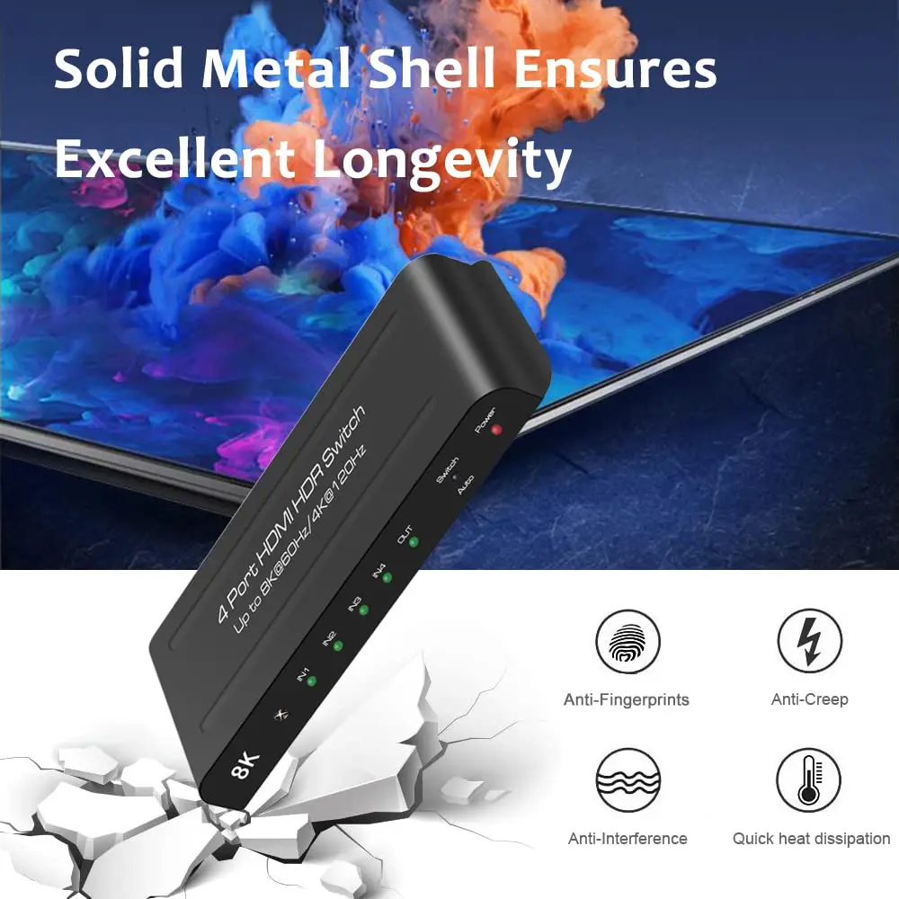 Sakelar HDMI 2.1 4K @ 120Hz 8K @ 60Hz, sakelar otomatis 4 dalam 1 keluar mendukung PS5, seri Xbox X, 48Gbps, HDR10 +, HDCP2.3