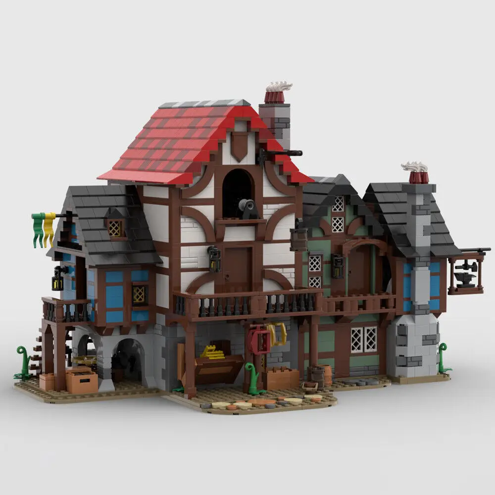 MOC UCS 중세 골목, Inn Blacksmith's Shop 및 Tailor's House 빌딩 블록, DIY 조립 벽돌 MOC-150889, 2421 PCs