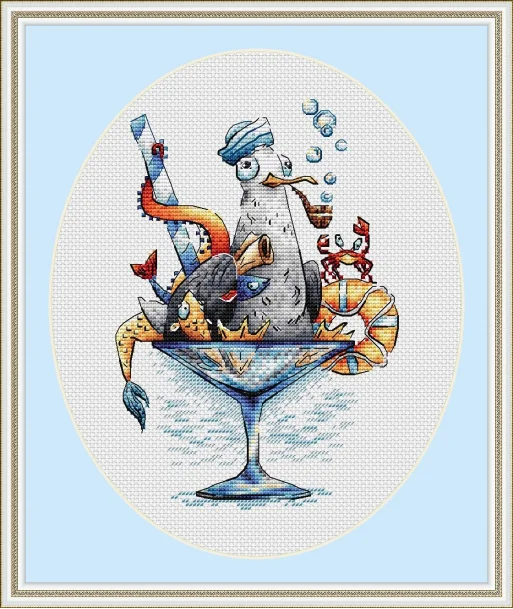 Embroidery Cross Stitch Kits Craft DIY Needlework Cotton Canvas 8-Seafood Seagulls in Glass 24-30 32CT 28CT Metallic aida