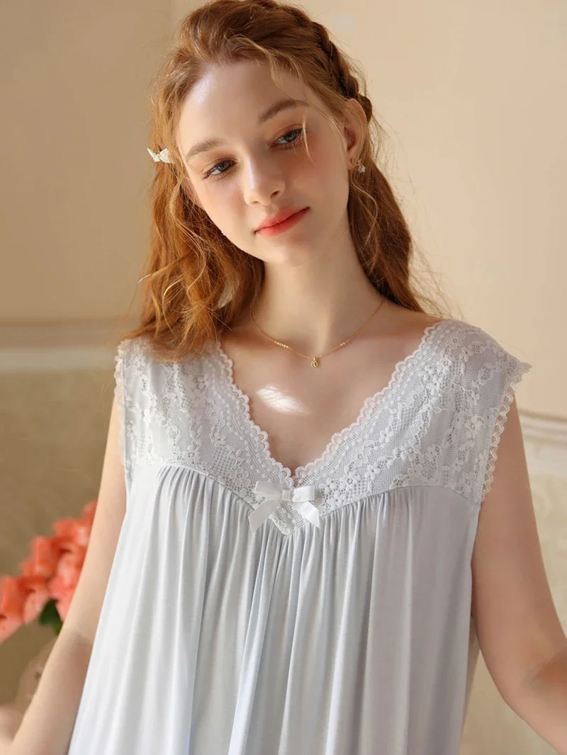 Women Summer Lace V-Neck Sleeveless Fairy Princess Victorian Nightgown Vintage Sweet Girl French Pajamas Nightdress Sleepwear