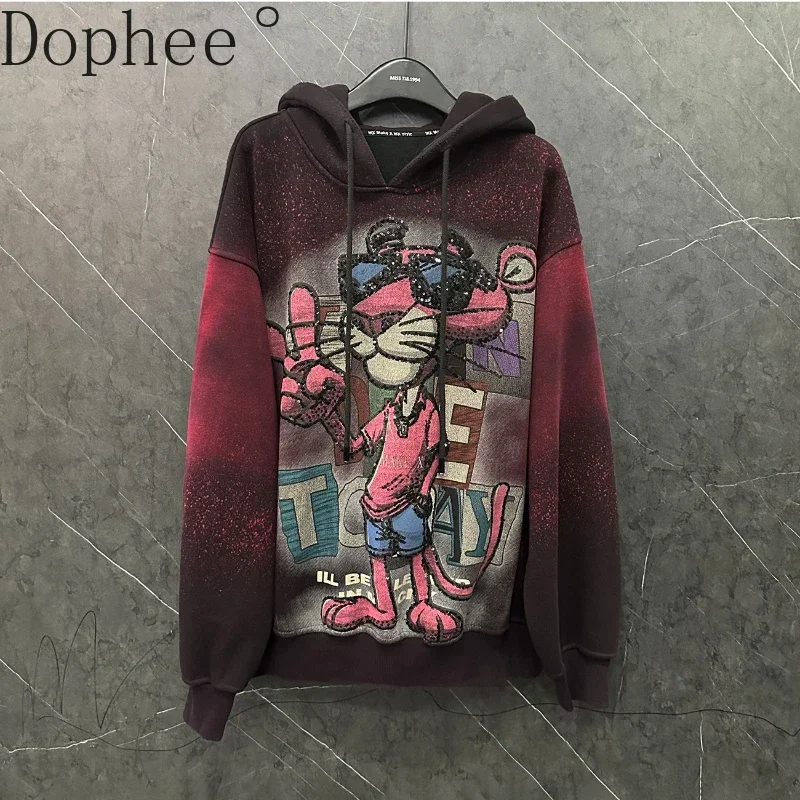 Thicken Velvet Women Hooded Pullover Top New Autumn Winter Gradient Cartoon Printed Long Sleeve Sweatshirt Casual Loose Hoodies