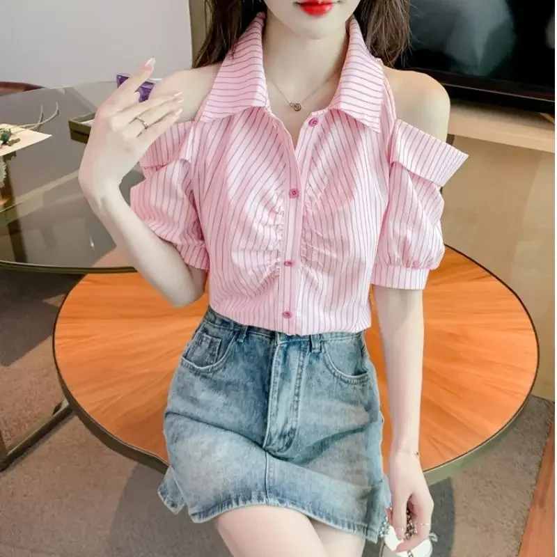 Vrouwen Kleding 2024 Zomer Mode Sexy Off Shoulder Ruches Shirts Gestreepte Korte Mouw Blouse Casual Sweet Chic Slanke Tops