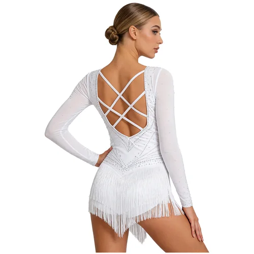 Imagen 2 del producto Vestido de baile latino para mujer, traje de actuación de Tango Cha-cha Samba, malla de manga larga, diamantes de imitación, borlas, leotardos, Ropa de baile