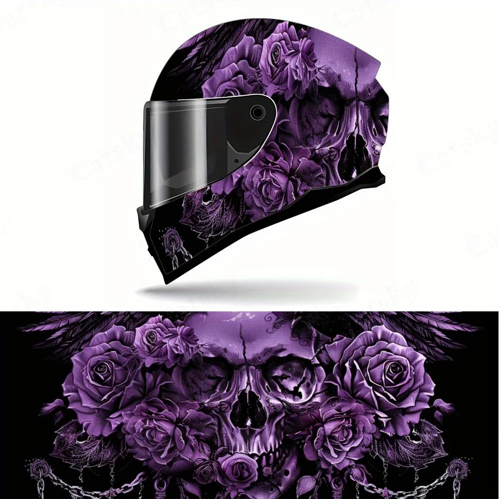 

Purple Rose Skull Helmet Vinyl Wraps, Waterproof Scratch-Resistant Full Face Helmet Decals, Durable PVC Artistic Design, Instant