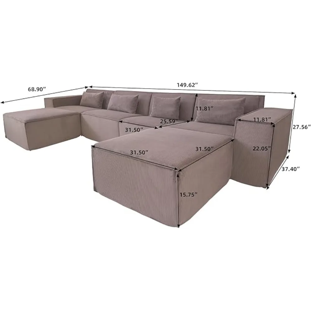 Modular Sectional Couch, Huge Plus Love Seat Sofa, Modern Comfy Corduroy Couches with Reversible Chaise Ottoman, Sofa