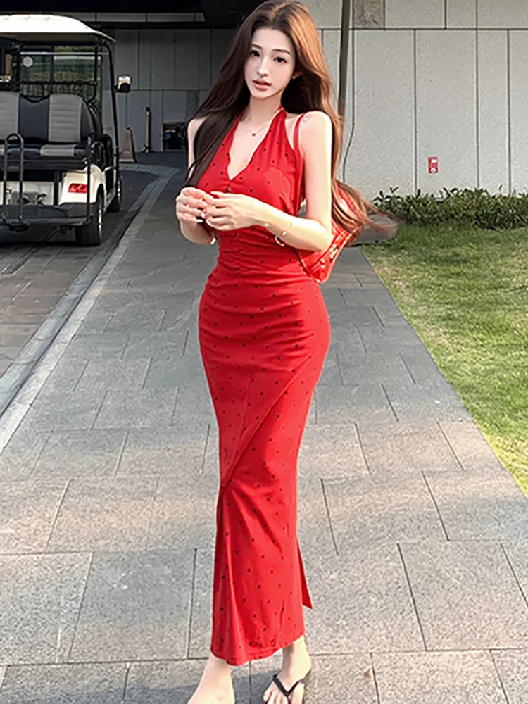 Robe longue d'été rouge à pois, Chic, montée sur le cou, élégante, dos nu, Sexy, Vintage coréen, robe de soirée de luxe, 2025