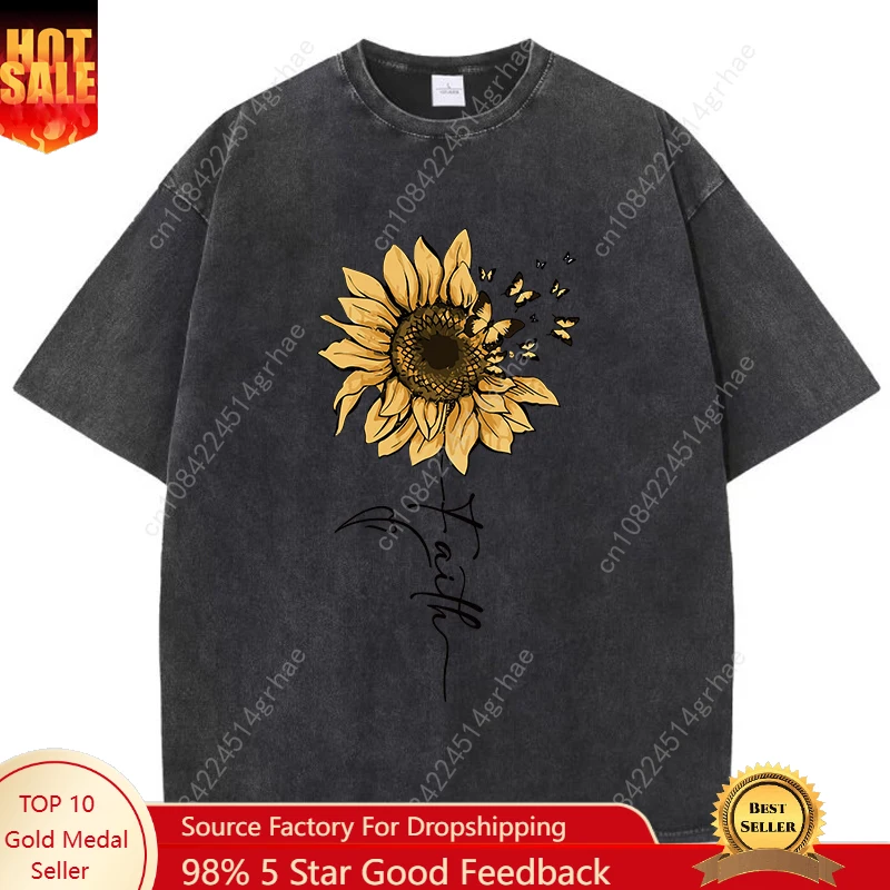 

Men's summer sunflower printed casual pure cotton T-shirt with niche design sense, short-sleeved