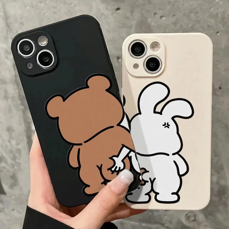 Couple Cartoon Rabbit & Bear Pattern Cases For iPhone 16 15 12 13 14 11 Pro Max 7 8 Plus 16e XR XS Max SE 2022 16Pro Soft Cover image 5
