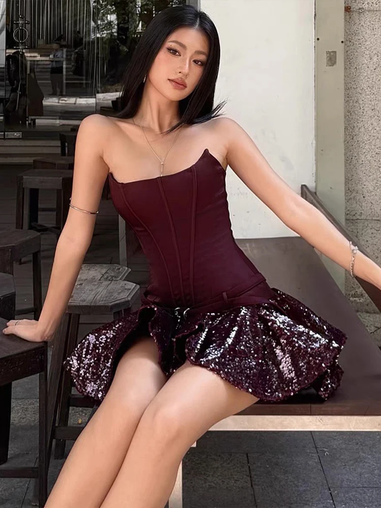 니버 패치워크 드레스 여성용 스팽글 퍼프 밑단 피쉬본 벨트 버클 장식 로우넥 민소매 생일 파티 미니 바디콘