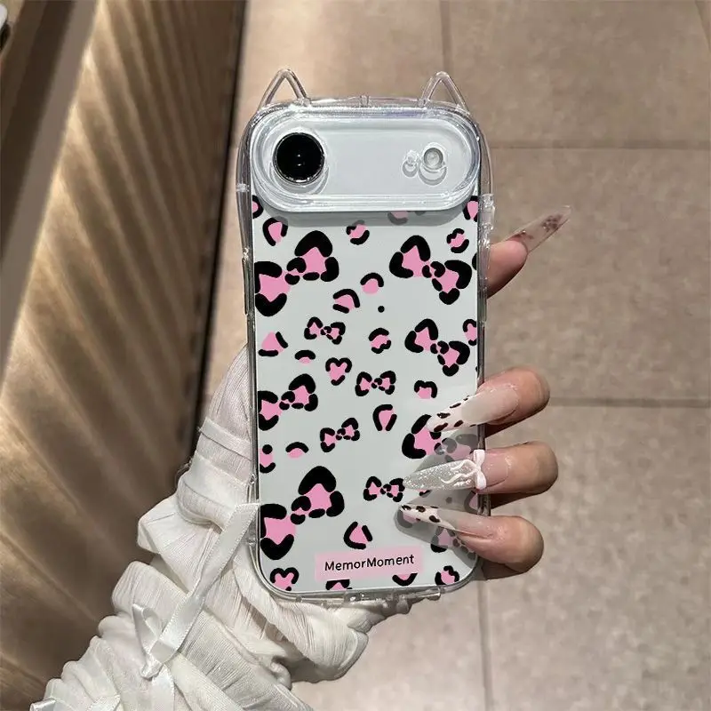Coque de téléphone rose à imprimé léopard avec oreilles de chat, souple, pour iPhone 17 Pro Max, 17 Air, 16, 15, 14, 11, 13, 12 Pro Max, XS Max, XS, XR, X, 7, 8 Plus