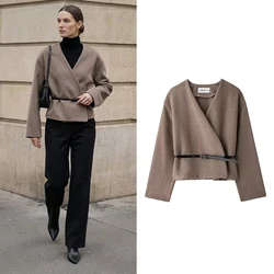 Willshela Women Fashion With Belt Solid Cropped Jacket Vintage V-Neck Long Sleeves Female Chic Lady Outfits