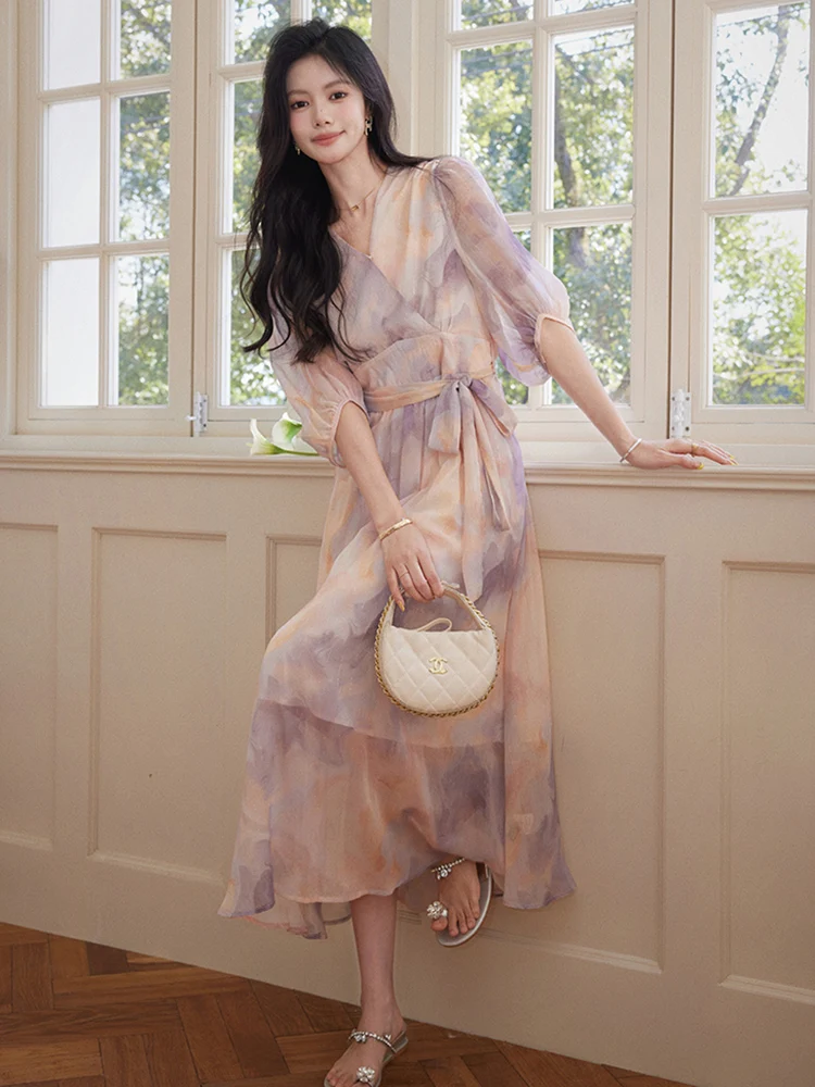 花柄Aラインロングドレス レディース 夏 2026 新作 ウエストシェイプ エイジレス エレガント Vネック ガウン 通勤 レディライク