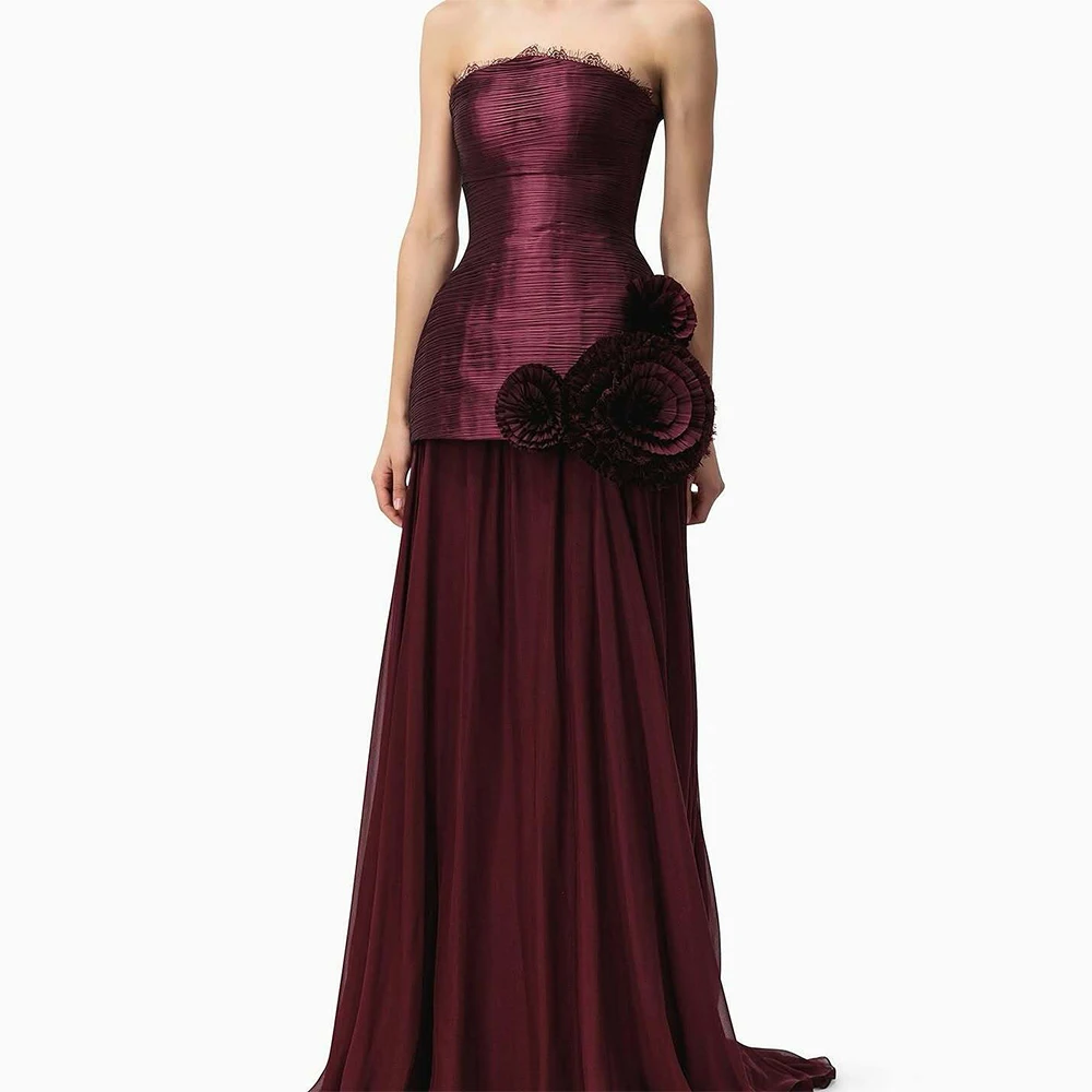

Charming Burgundy Strapless Chiffon Evening Dresses Retro 3D Flowers Customized Prom Dresses Luxury Special Occasion Gowns