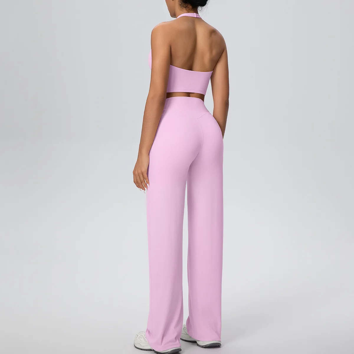 

Персиковый наряд для йоги с высокой талией, спортивный жилет с лямкой на шее для фитнеса, комплект широких брюк с открытой спиной, одежда для тренировок, комплект для йоги в тренажерном зале