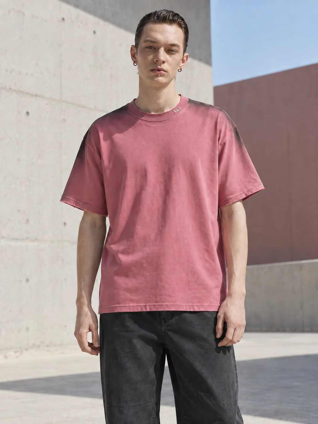 MAZZONNE Men T-Shirt Short Sleeve Crew Neck 100% Cotton Rose Pink Casual Streetwear Top H
