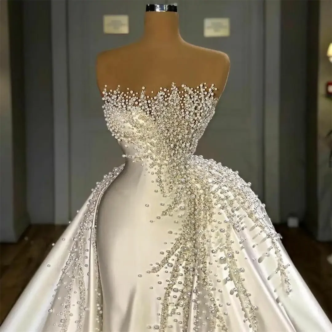 Customized Luxury Satin Pearls Wedding Dresses Mermaid Beads Crystal Sleeveless with Removable Train Bridal Wedding Gowns