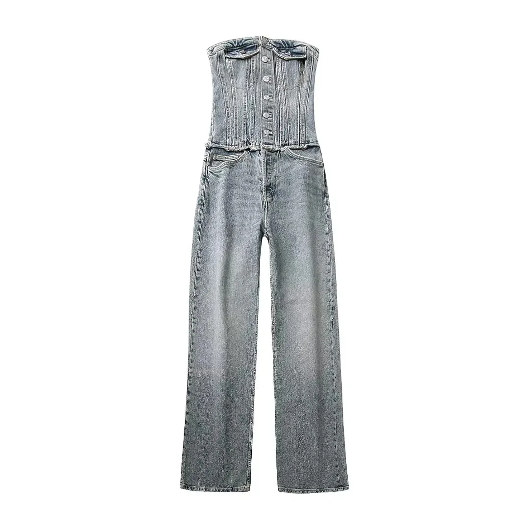 Strapless Denim Jumpsuit Spring Summer New Fashion Versatile High Waisted  Single Breasted Wide Leg Trousers Women Streetwear