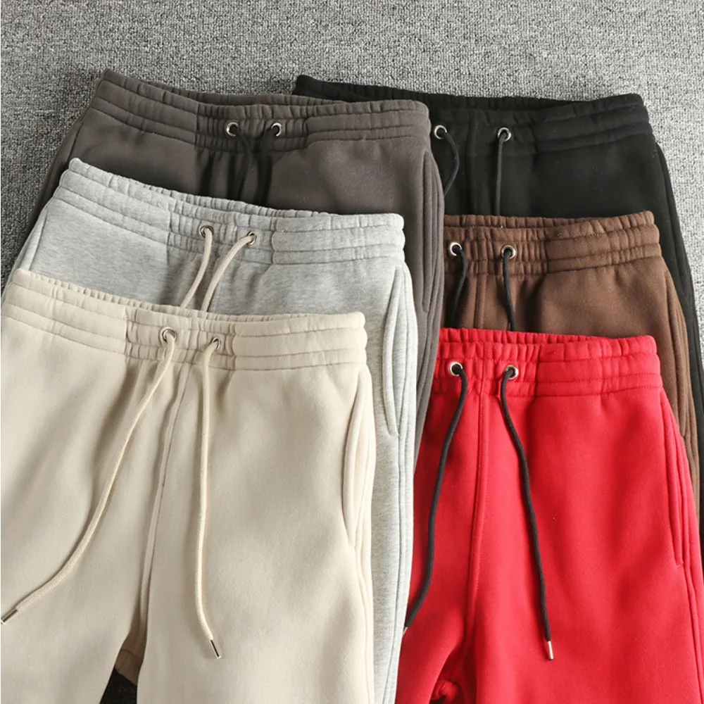 Heavy plush plush thickened knitted cotton men's casual hoodies American retro trendy clean color loose trousers