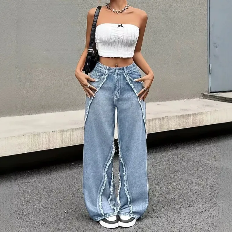 Washed Mid Rise Solid Color Patchwork Jeans Loose Straight Leg Floor Length Denim Pants