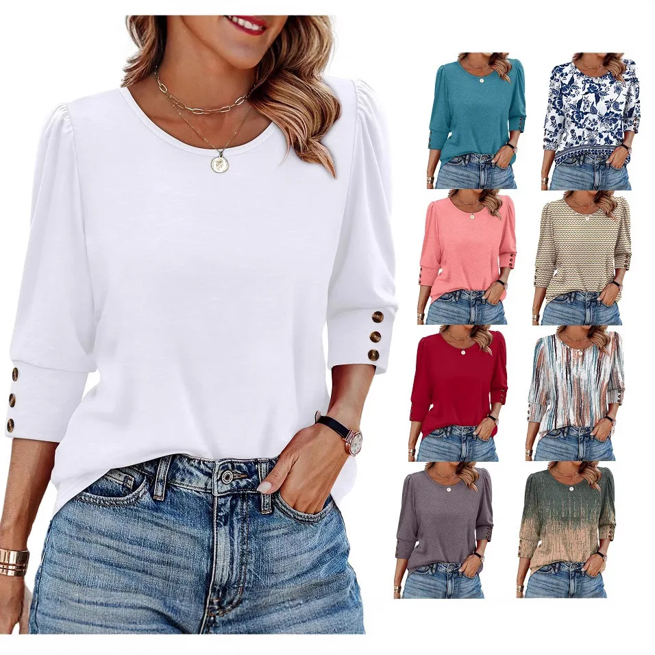 

2025 Solid Color Printing Temperament Bubble Medium Sleeve Button Crew Neck T-shirt Europe and America