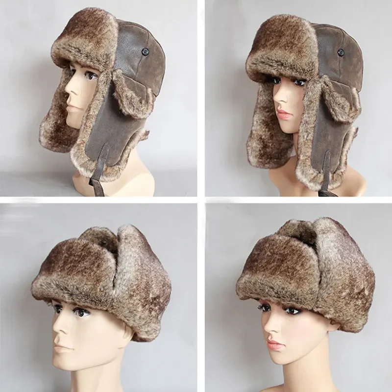 Adult Bomber Hats Winter Men Warm Windproof Russian Ushanka Hat With Ear Flap Pu Leather Fur Man Male Trapper Cap Earflap