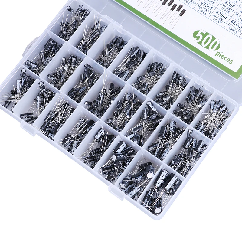 500Pcs 0.1-1000UF 24Values Aluminum Electrolytic Capacitors 16-50V Capacitor Kit