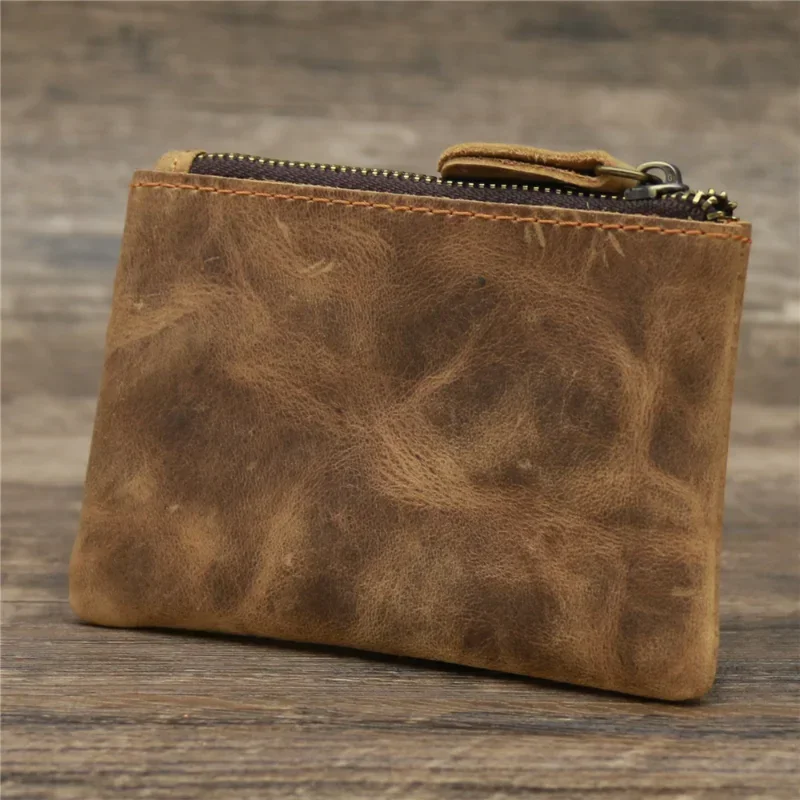 Boys and Girls Leather Coin Purse Cowhide Crazy Horse Brown Brown Zipper Coin Bag Retro Wallet for Men  Purses