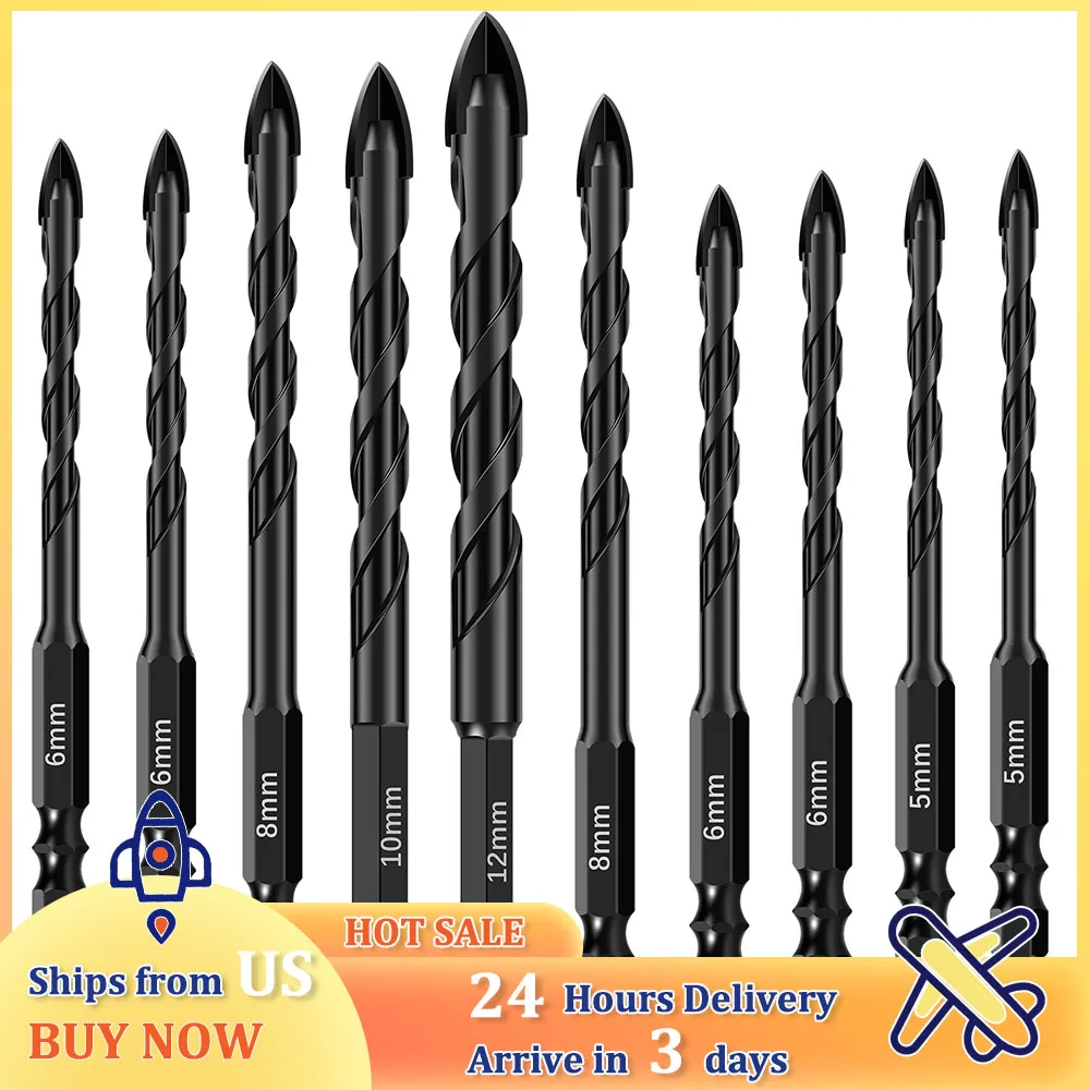 1/4inch Hex Drill Bit Set 5/6/8/10/12mm Carbide Masonry Multifunction Drill Bit for Concrete Glass Ceramic Tiles Drilling Hole