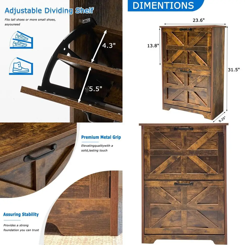 

Brown Wooden Shoe Cabinet with 2 Drawers and Adjustable Shelf for Entryway, Hallway, Living Room