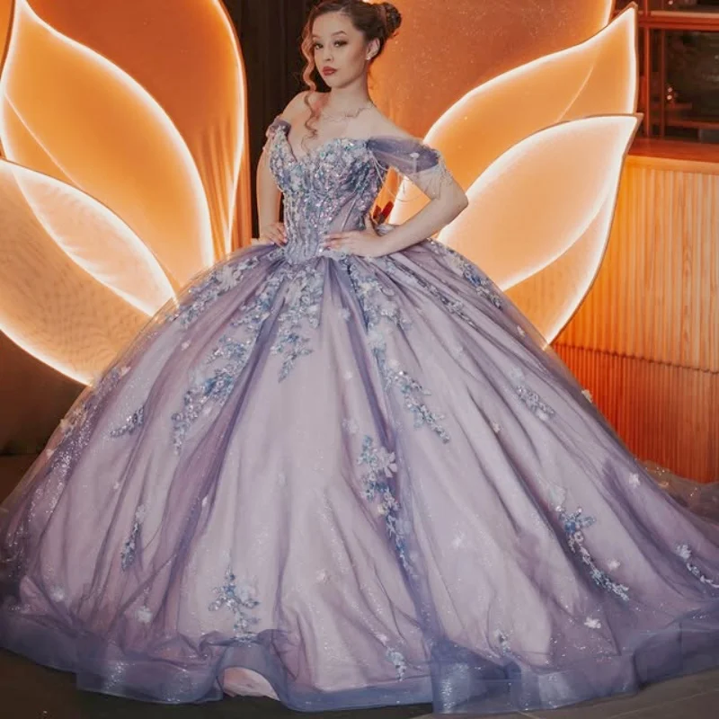 Shiny Dusty Purple Quinceanera Dress crystal glitter 3D flower Decal Long tail bead Lace Vestidos De 15 Quinceanera ﻿Customize