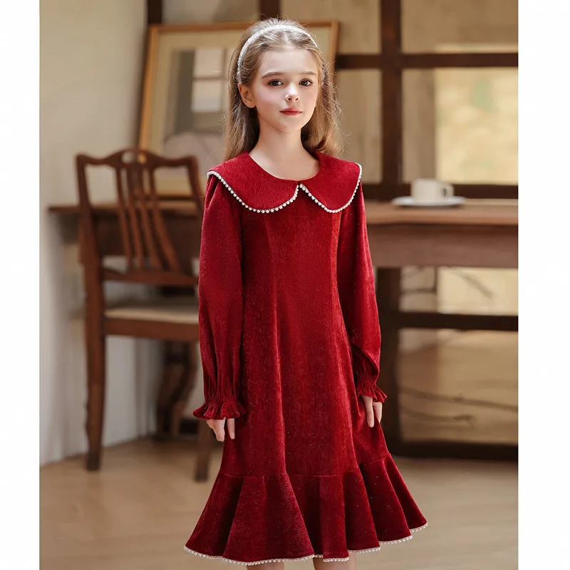 

Girls Cute Doll Collar Long Sleeve Party Dress Children Fashion Beading Birthday Wedding Princess Gown y1734