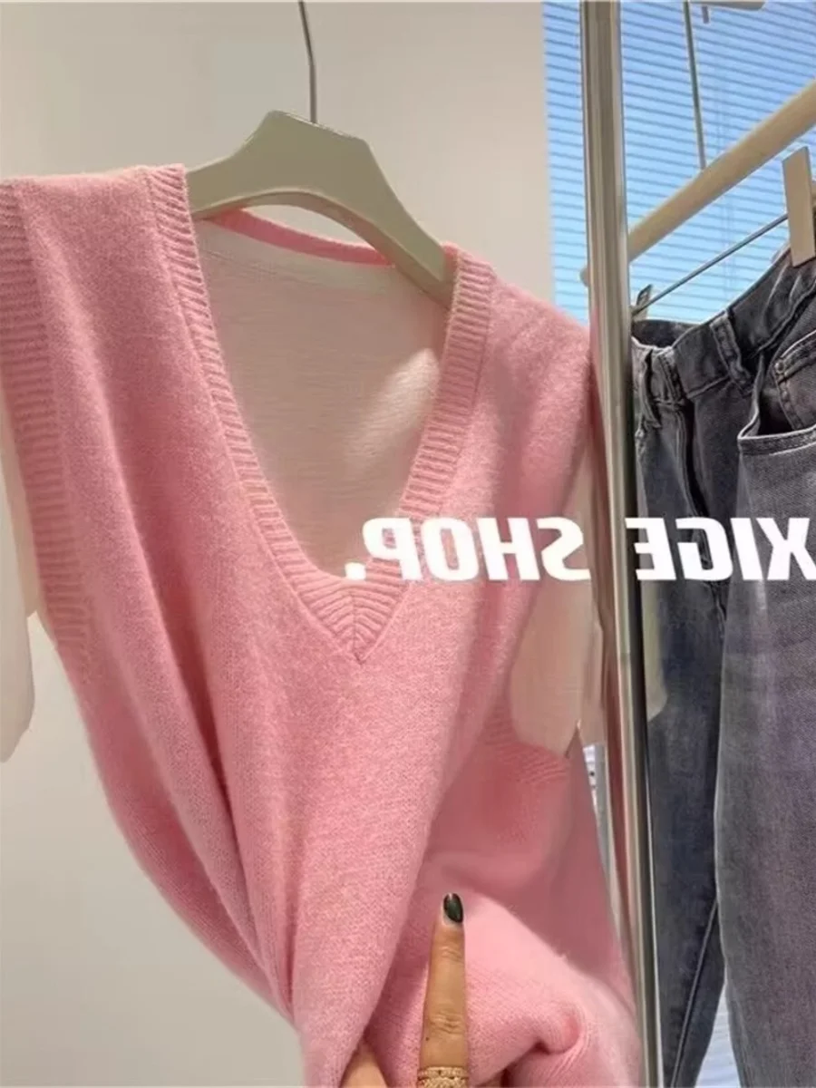 

Женский вязаный жилет в корейском стиле с V-образным вырезом, розовый, осенне-зимний, без рукавов, для многослойных образов, топ для повседневной носки