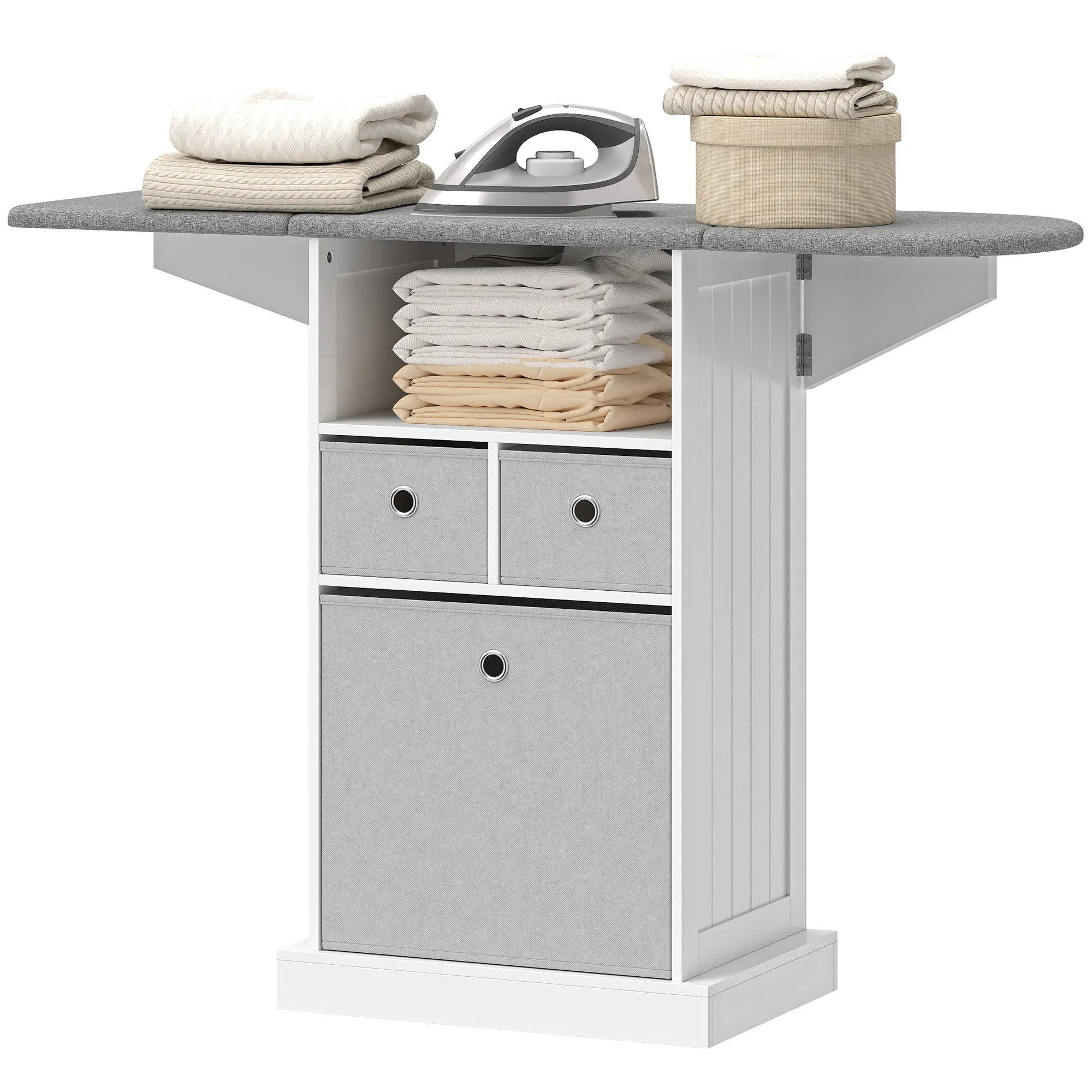 HOMCOM Bügelbrett-Möbel mit Rollen, faltbares Bügelbrett, 3 Stoffschubladen, 121x37x89,5 cm, Weiß