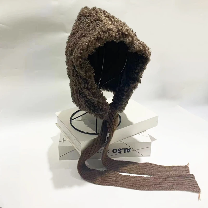 Cappelli invernali da donna in lana di agnello con lacci caldi berretti in pile giapponesi protezione per le orecchie femminile cravatta pullover Gorro Bonnet Y2k cappello bomber carino