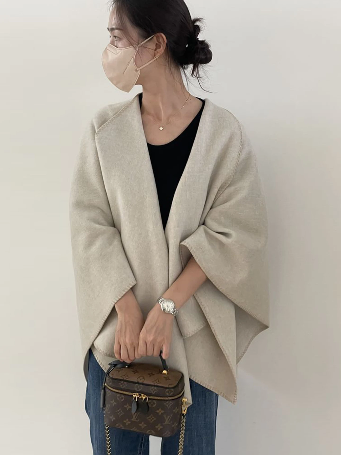 Ele V-Ne طية صدر السترة تصميم غير النظامية oulder وسادة المرأة الشتاء معطف الصوف طويل Sve الكورية Sle فضفاضة تناسب ملابس خارجية #4