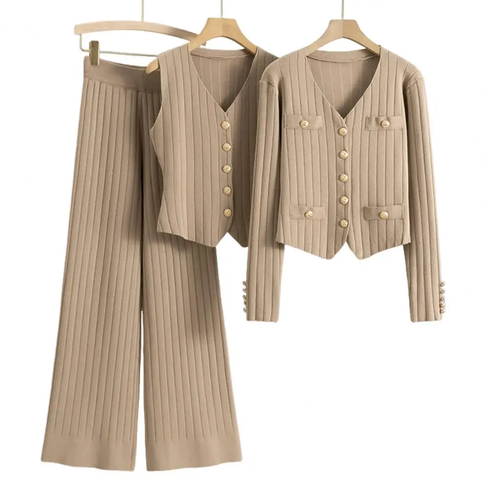 

3 Pcs/Set Women Suit Vest Coat Pants Set Knitted V Neck Single-breasted Waistcoat Elastic Waist Wide Leg Long Trousers Set Forma