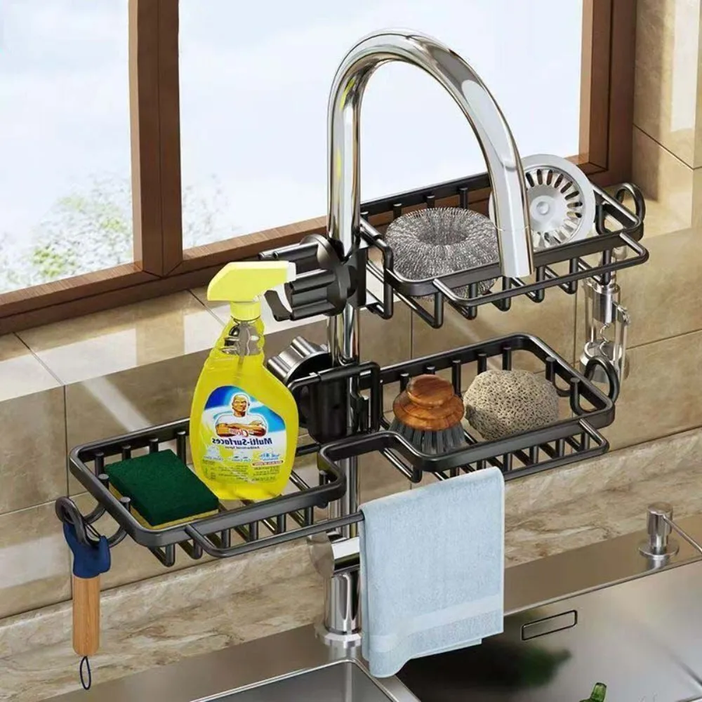

Kitchen Sink Organizer Rack for Dishwashing with Storage Basket Draining Tray Sponge Cloth and Brush Holder