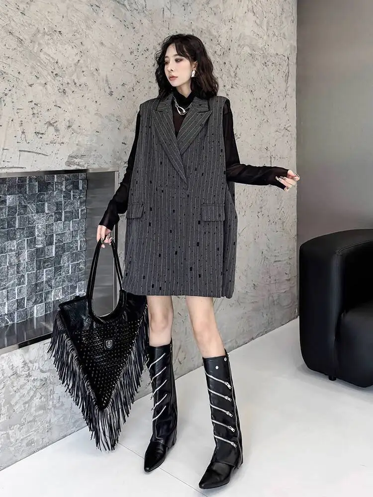 2025 Spring Niche Designer Women's Vest  Hong Kong Style Ripped Rhinestone Striped  Loose Mid Length Blazer Dress