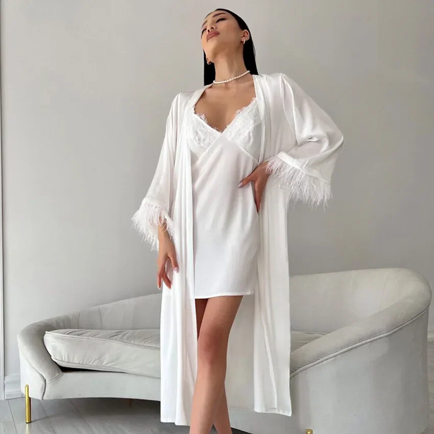 Autumn Imitation Silk Comfortable Nightgown Two-piece Suit for Women Loose and Comfortable Home Clothes