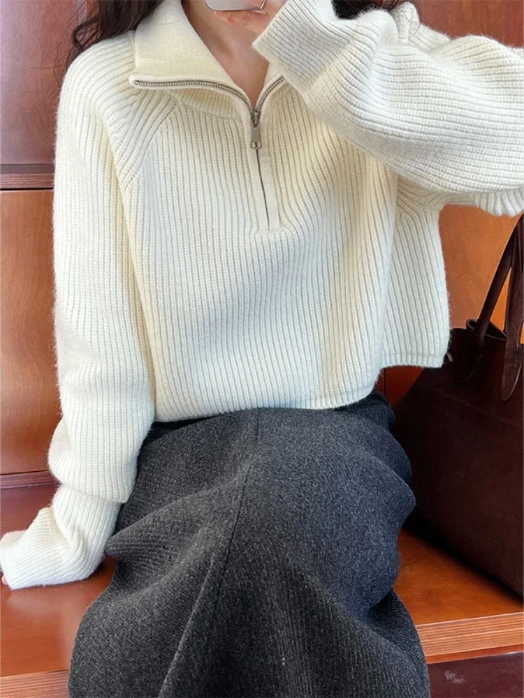 Short Half-zipper Turtleneck Knitted Sweater Women Clothing 2024 Autumn and Winter New High-waisted Solid Loose Sweater Top