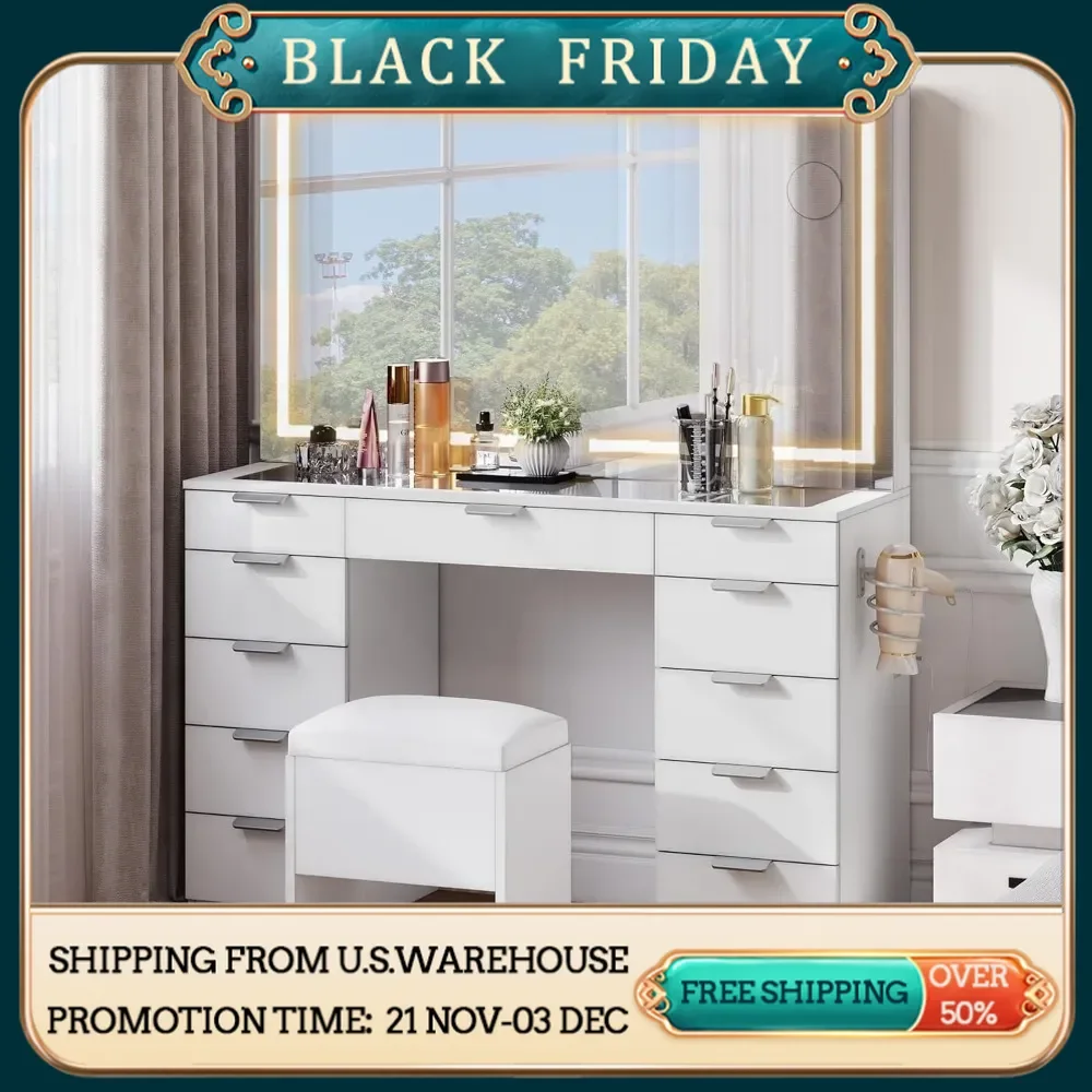 Vanity with LED-Lit Mirror & Electrical Socket, Cosmetic Vanity Station with 11 Compartments and Magnifier, 46'' Dressing Table