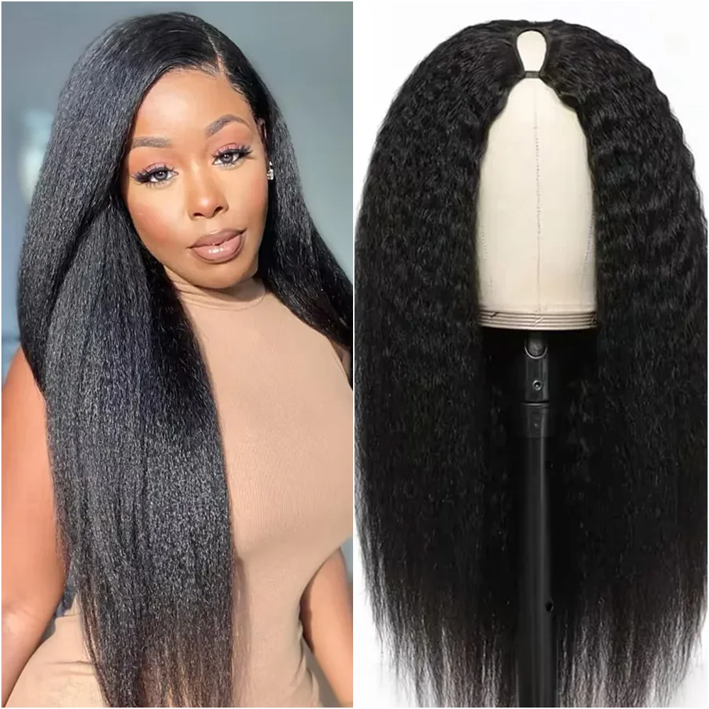 

16 32 Inch Glueless Kinky Straight V Part Wig Human Hair No Leave Out Yaki Straight Natural Black Color Wigs For Women 200% Density