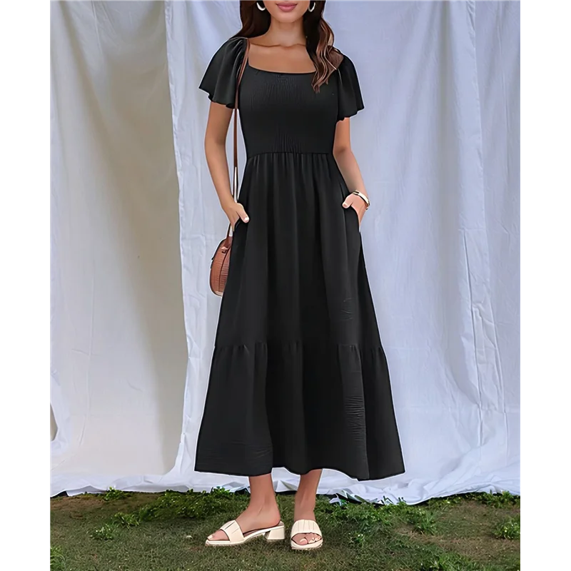 ABRT - Damska letnia sukienka midi w stylu boho z kwadratowym dekoltem, falbankami na rękawach, marszczeniami, rozkloszowanym krojem w kształcie litery A, warstwowymi falbanami, skromnym krojem i kieszeniami.