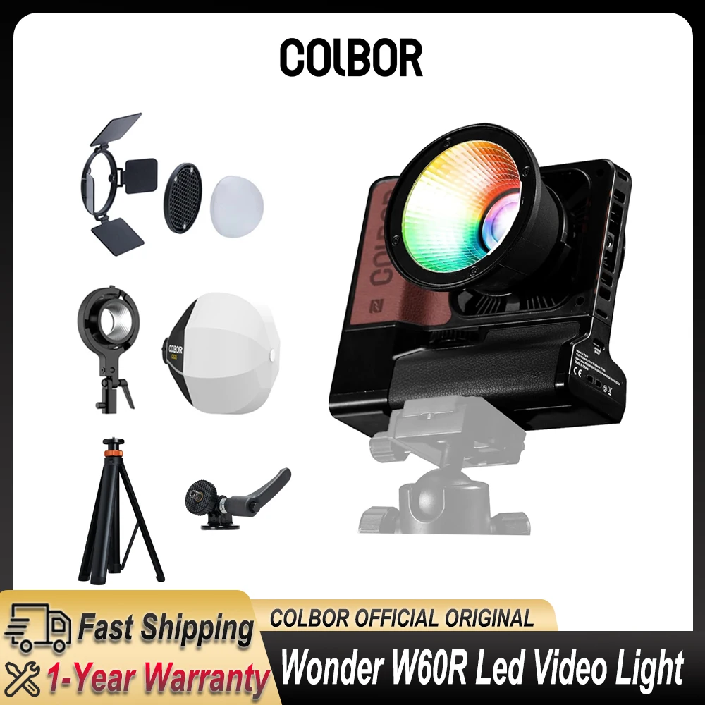 Lampe vidéo LED portable Colbor W60R RGB 2700-6500K avec batterie et support de boîte à lumière pour photographie, vlog et extérieur