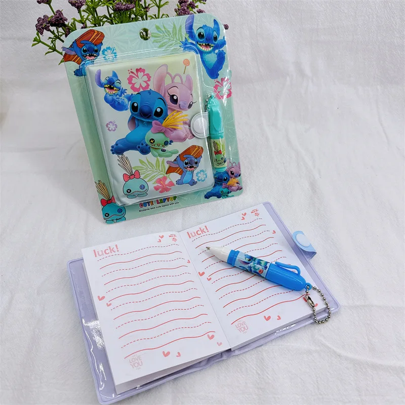 Disney Anime Stitch Notebook con penna Kawaii Lilo & Stitch Blocco note portatile Mini Notebook Set Cartoon Cancelleria per bambini