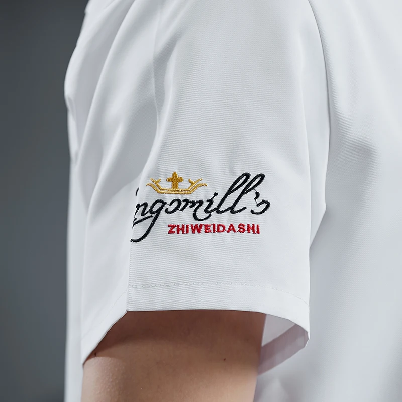 Uniforme de Chef para hombre y mujer, chaqueta de manga corta para cocina, abrigo de cocinero, disfraz de restaurante y Hotel, camisa de camarero con logotipo bordado