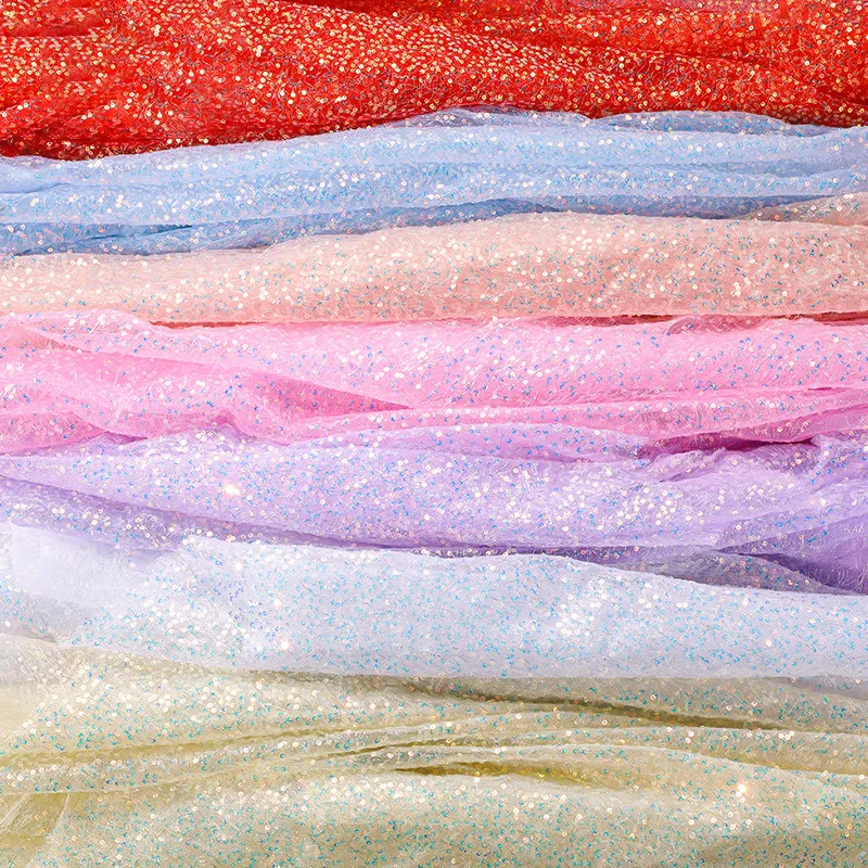 Mesh Silver Yarn Base Cloth Stage Costumes Sparkle Embroidered Sequin Fabric Evening Dresses Bow Decor Sequin Material